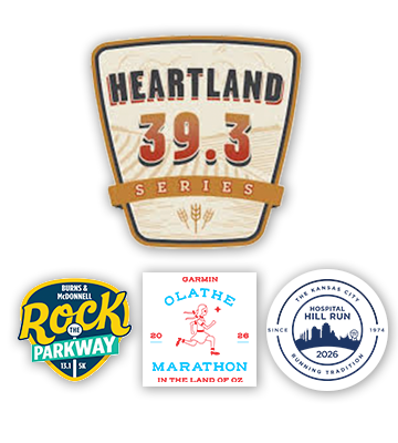 Logos for Heartland Series, Rock The Parkway Marathon, Garmin Olathe Marathon, and Hospital Hill Marathon